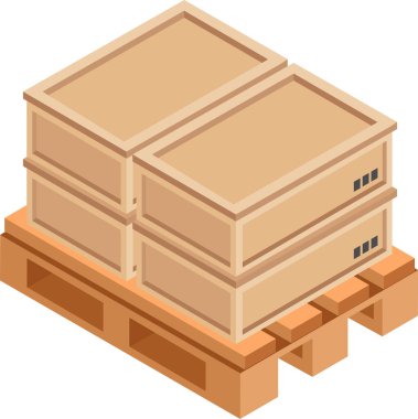 Dört kapalı mukavva kutu istiflenir ve ahşap bir palete yerleştirilir, bir depo veya depolama tesisinde nakliyeye hazır, lojistik ve dağıtımı sembolize eder.