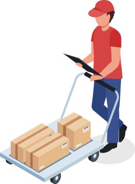 Kırmızı t-shirt ve şapka giyen teslimatçı, içinde mal bulunan karton kutularla dolu bir yük arabasını itiyor ve tablet, nakliye ve lojistik konseptini kontrol ediyor.