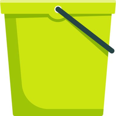 Koyu yeşil plastik kovada ayakta duran, temizlik ve bahçıvanlık gibi çeşitli görevlere hazır, ev işleri için çok yönlü bir araç olarak hizmet veren, koyu renk bir tutacağı olan