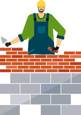 Üniforma giyen profesyonel müteahhit, beyaz arka planda tek tek tuğla ekleyerek havan topu ve kırmızı tuğla duvar inşa ediyor.