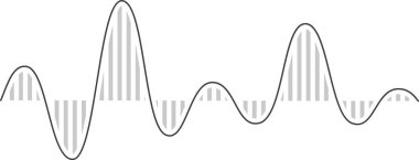 Çizgili sinüs dalgası veri iletimini, internet hızını, ağ bağlantılarını ve ses dalgalarının görselleştirilmesini modern, soyut bir tasarımla resmeder.