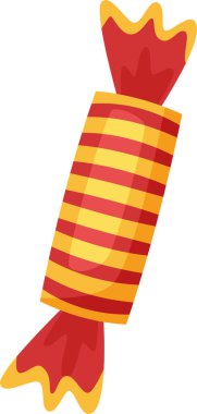 Kırmızı ve sarı çizgili, parlak folyoya sarılı, pürüzsüz kenarlı, beyaz bir arka plana yaslanmış, parlak renklerini ve baştan çıkarıcı tatlılığını vurguluyor.