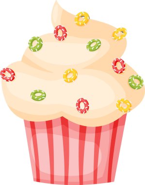 Cupcake 'in üzerinde kıvrımlı kremalı vanilya şekerlemesi, canlı mısır gevreği halkalarıyla süslenmiş, her kutlama için mükemmel ve görsel olarak cezbedici bir ziyafet yaratır.