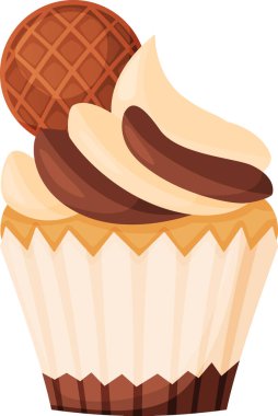 Kremalı ve zengin çikolatalı ve vanilyalı kremalı kek taze pişmiş bir kekin üstünde, çıtır waffle ile süslenmiş, tatlı aşıkları için cazip bir ikram yaratıyor.