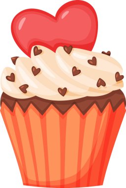 Çikolata soslu kremalı vanilyalı kek, küçük çikolatalı kalplerle süslenmiş ve üstünde büyük kırmızı bir kalp, Sevgililer Günü için mükemmel ya da romantik bir gün için.