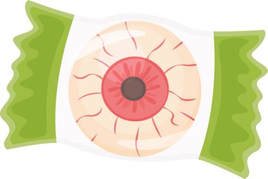 Damarları ve kırmızı zambakları olan yeşil kağıda sarılı ürkütücü göz bebeği şekeri, Cadılar Bayramı 'nda şeker mi şaka mı için mükemmel, eğlenceye biraz korku katıyor.