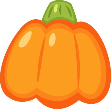 Canlı turuncu renkli ve yeşil saplı bir balkabağının çizgi film çizimi, sonbahar, Cadılar Bayramı ya da Şükran Günü teması için mükemmel, sıcaklık, hasat ve şenlik kutlamaları hissi uyandırıyor.