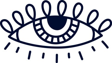 Uzun kirpikli stilize göz, ışık saçan ışınlar doğrudan izleyiciye bakıyor. Basit bir vektör çizimi, temiz beyaz arkaplan üzerinde izole bir tasarım içerir