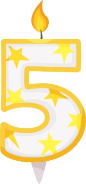 Beş numaralı doğum günü mumunu yakmak, neşeli sarı yıldızlarla süslenmek, neşeli beyaz bir zemin aydınlatacak, keyifli bir doğum günü partisine neşe katacak.