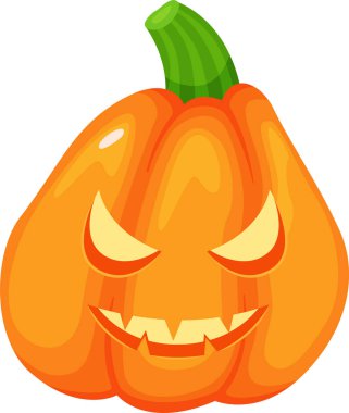 Cadılar Bayramı balkabağında keskin dişleri ve parlayan gözleriyle korkunç bir yüz, kıpır kıpır beyaz bir arka planda sonbahar tatilini kutlayan neşeli bir neşe saçan