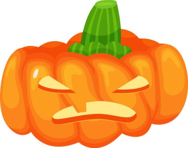 Huysuz bir yüz ve canlı yeşil bir gövdeye sahip turuncu balkabağı, Cadılar Bayramı süslemelerini geliştirmek ve sonbahar kutlamaları ve etkinliklerine ürkütücü, şenlikli bir dokunuş eklemek