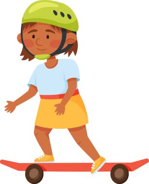 Gülümseyen küçük kız kask takıyor ve günlük giysiler giyiyor kırmızı kaykay sürüyor, aktif sağlıklı yaşam tarzı, açık hava aktivitesi, çocukluk, vektör illüstrasyonu