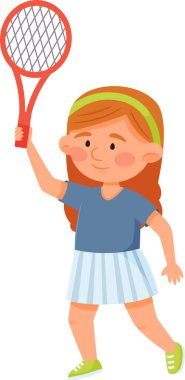 Elinde kırmızı raket, elinde mavi tişört, beyaz etek ve yeşil spor ayakkabısı olan, elinde tenis oynayan gülümseyen genç bir kız.