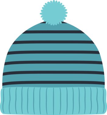 Soğuk havalarda sıcak ve tarz sağlayan yatay çizgili ve çatallı başlıklı kış şapkası, üzerinde neşeli bir ponpon, beyaz bir arka planda izole edilmiş.