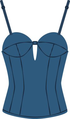 İnce kayışlarla süslenmiş mavi bir korse ve merkezde bir anahtar deliği var. Klasik zarafeti somutlaştırırken aynı zamanda kadın siluetini şekillendirici tasarımı ile somutlaştırıyor.