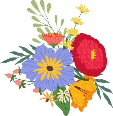 Mavi, kırmızı, sarı ve turuncu çiçekler ve yeşil yapraklar da dahil olmak üzere renkli bir buket çiçek, baharda çiçek açıyor, tebrik kartları ve dekorasyon için mükemmel.