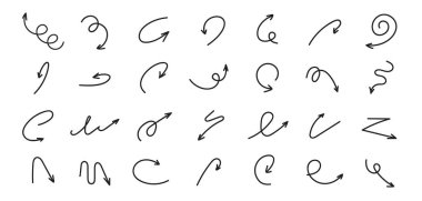 Kıvrımlı oklar, döngüler, elde çizilmiş spiraller, kalem taslak tarzı. Notlar, UI röfleleri ve bilgi grafikleri için basit tavsiyeler. İzole edilmiş ince çizgi girdaplı ok komik vektör kümesi.