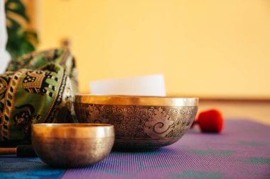 close up Tibetan singing bowl in sound therapy