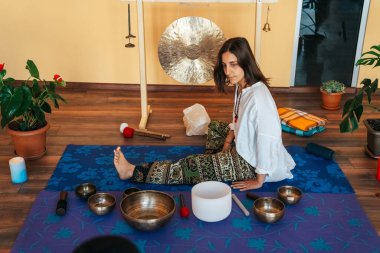 girls on a yoga class. Girls doing yoga and breathing practices 