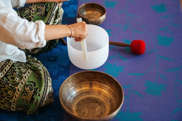 close up Tibetan singing bowl in sound therapy