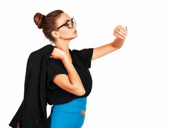 White background, girl office worker, business woman, shows emotions