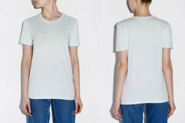 women's t-shirt on the model on both sides on a white background isolated