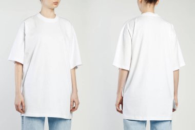 Bir kadın beyaz tişört giyer.