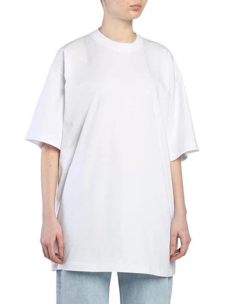 Uma Mulher Usa Uma Camisa Branca Tamanho Superior — Fotografia de Stock