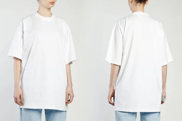 Una Mujer Lleva Una Camiseta Blanca Sobre Tamaño —  Fotos de Stock