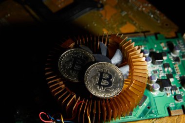 Üzerinde bitcoin olan bir fan bilgisayar çipinde oturuyor.