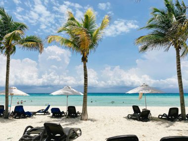 Plaj sandalyeleri, sazdan şemsiyeler ve palmiye ağaçları olan güzel bir sahil. Playa del Carmen, Meksika 'da yaz tatili. Yüksek kalite fotoğraf