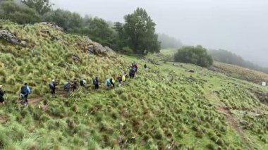Bir grup yürüyüşçünün yemyeşil bir dağ yamacında yokuş yukarı yürüdüğünü gösteren yüksek bir manzara. Manzaranın üst kısımları ve uzak tepeleri yumuşak bir sis ya da sis ile örtülmüş, bu da manzaraya atmosferik bir kalite katıyor..