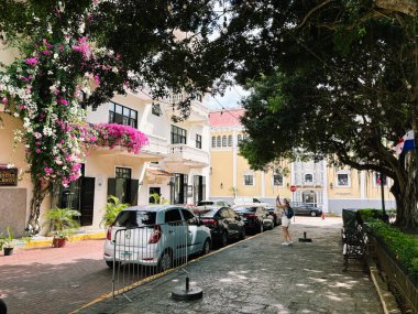 Beyaz şapkalı ve şortlu bir kadın eski binalarla dolu güzel bir sokakta telefonuyla fotoğraf çekiyor. Çiçekli begonviller ve park edilmiş arabalar büyük ağaçların gölgesinde görülebilir.