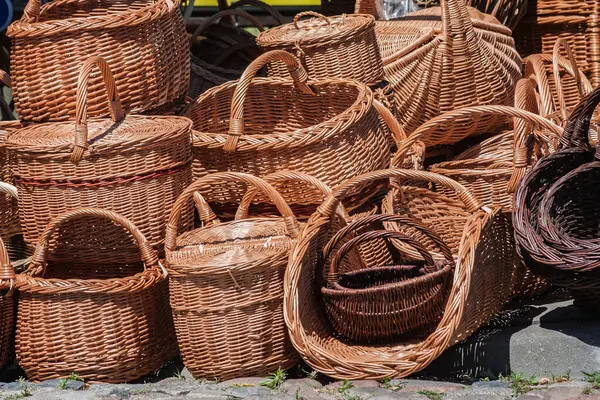 Wicker handmade baskets at the folk fair, folk handicrafts, Poland, Podlasie, Suprasl
