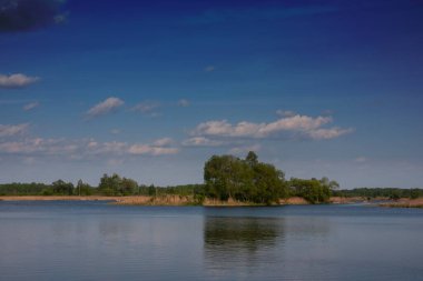 Güneşli bir günde baharda göl manzarası, yazın başında doğal çevre.