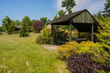 Turistler için dinlenme yeri, ahşap kulübeler ve doğal köşeler, çalılar ve çiçeklerle çevrili banklar. Polonya, Podlasie, Suprasl