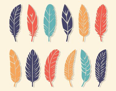 Renkli kuş tüyleri ikon oluşturur. Tüy silueti. Plumelet daire koleksiyonu. Kaligrafi için klasik kalem. Vektör beyazda izole edildi.