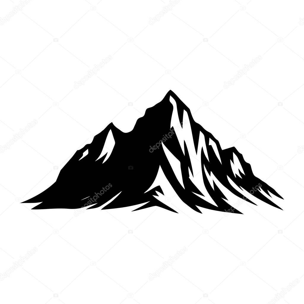 Mountain silhouette. Rocky mountains icon travel emblem. Camping outdoor adventure emblem, badge, and logo patch. Mountain tours, hiking. Vector isolated on white.