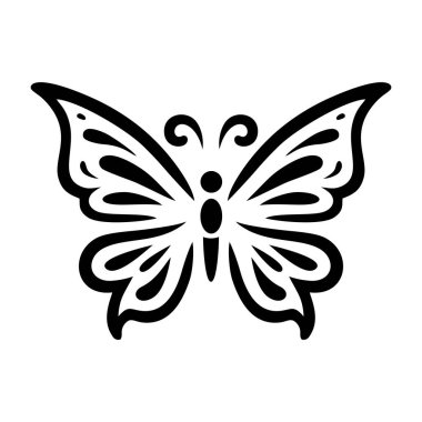 Süslü kelebek silueti simgesi. Beyaz arka planda izole edilmiş kelebek çizimi. Vektör illüstrasyonu.