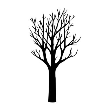 Yapraksız ağaç siyah silueti. Siyah ağaç ya da çıplak ağaç. Orman ve bahçe sembolü. Kurumuş ağaç vektör illüstrasyonu.