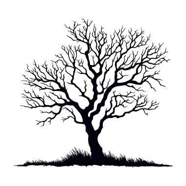 Yapraksız ağaç siyah silueti. Siyah ağaç ya da çıplak ağaç. Orman ve bahçe sembolü. Kurumuş ağaç vektör illüstrasyonu.