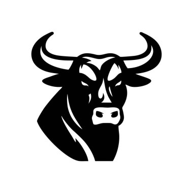 Boğa başlı siluet sembolü. Beyaz arka planda izole edilmiş sığır bufalosu. Boğa başlı logo güç, cesaret ve dayanıklılık demektir. Vektör illüstrasyonu.