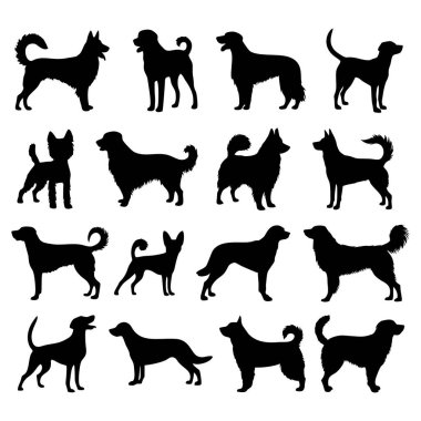 Köpekler, beyaz arka planda siyah köpek siluetleri. Evcil hayvan vektör illüstrasyonu.