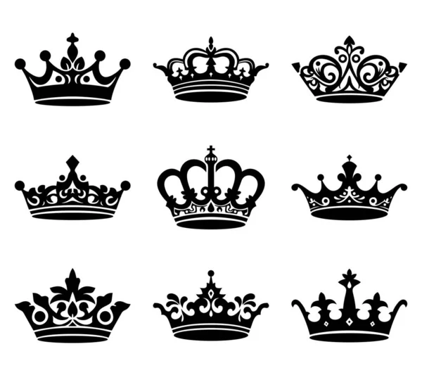 Set Icone Corona Nera Silhouette Collezione Stemma Simboli Reali Illustrazione Illustrazioni Stock Royalty Free