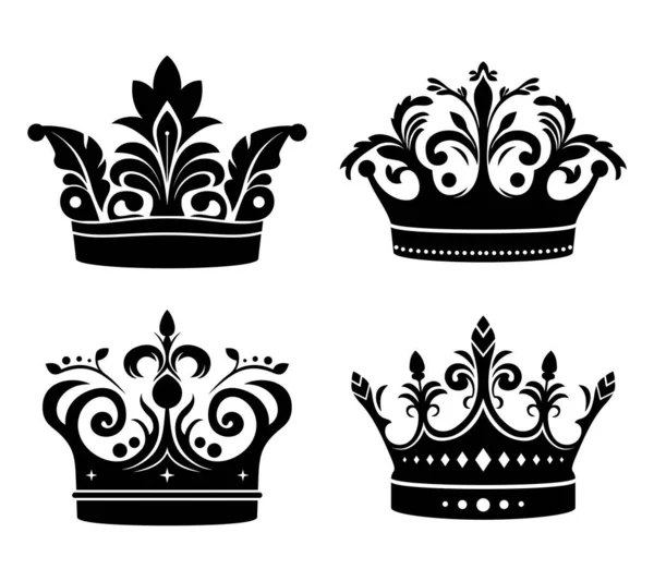 Set Icone Corona Nera Silhouette Collezione Stemma Simboli Reali Illustrazione Illustrazione Stock