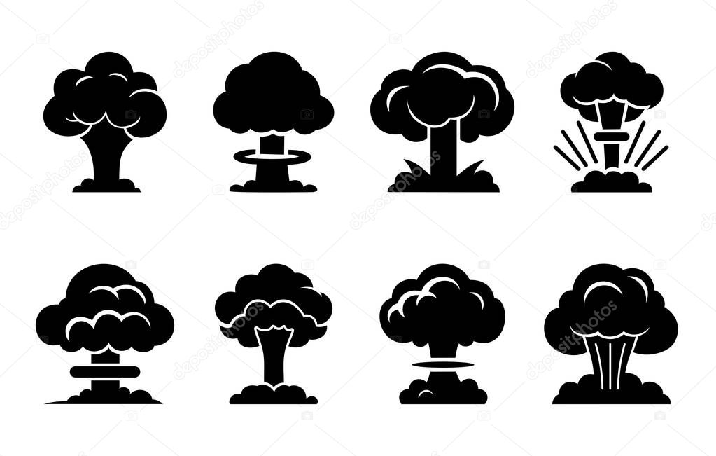 Nuclear explosion mushroom cloud set icon. Atomic bomb war, symbol end of the world isolated on white background. Vector illustration.