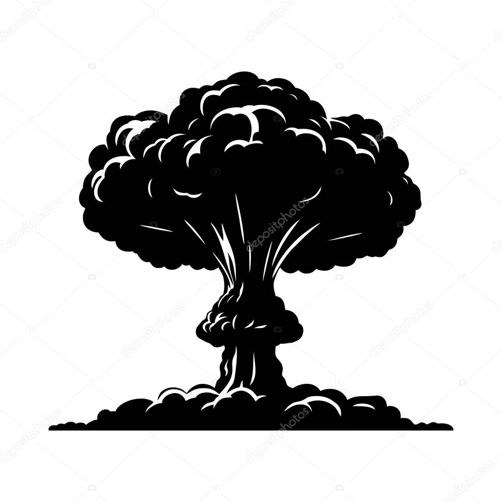 Nuclear explosion mushroom cloud icon. Atomic bomb war silhouette, symbol end of the world isolated on white background. Vector illustration.