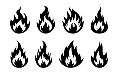 İkonları ateşle. Parlak alevler ve şenlik ateşi ikonları. Yanık işareti koleksiyonu. Vektör illüstrasyonu.