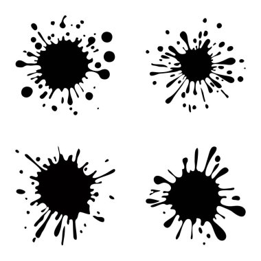Damlalı siyah mürekkep lekeleri. Farklı el yapımı sprey tasarım elementleri. Boya mürekkebi sıçramış, lekeler yerleştirilmiş. Damlalı boya damlası. Vektör illüstrasyonu.