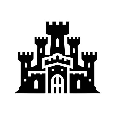 Siyah kale ikonu. Krallık Kulesi hayali gotik mimari silueti inşa ediyor. Ortaçağ kale sarayı. Kraliyet eski sihirli kalesi. Vektör illüstrasyonu.